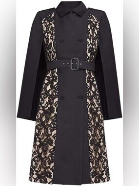 BCBGMaxAzria Genevieve Cape Black Coat with Chain Detail XS Lace
